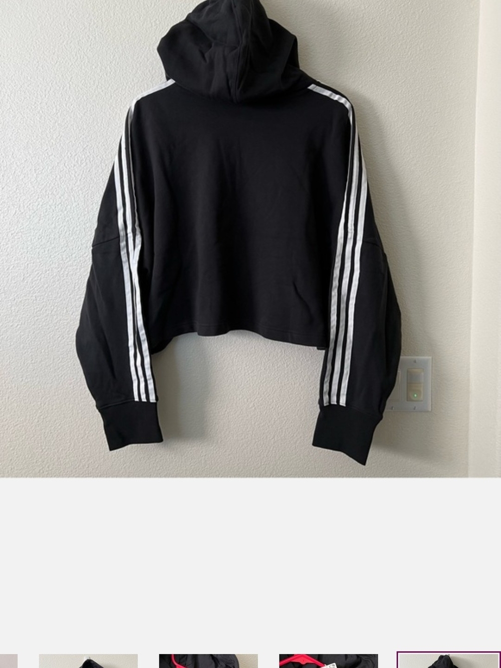 adidas Black Cropped Hoodie with White Three-Stripe Sleeves